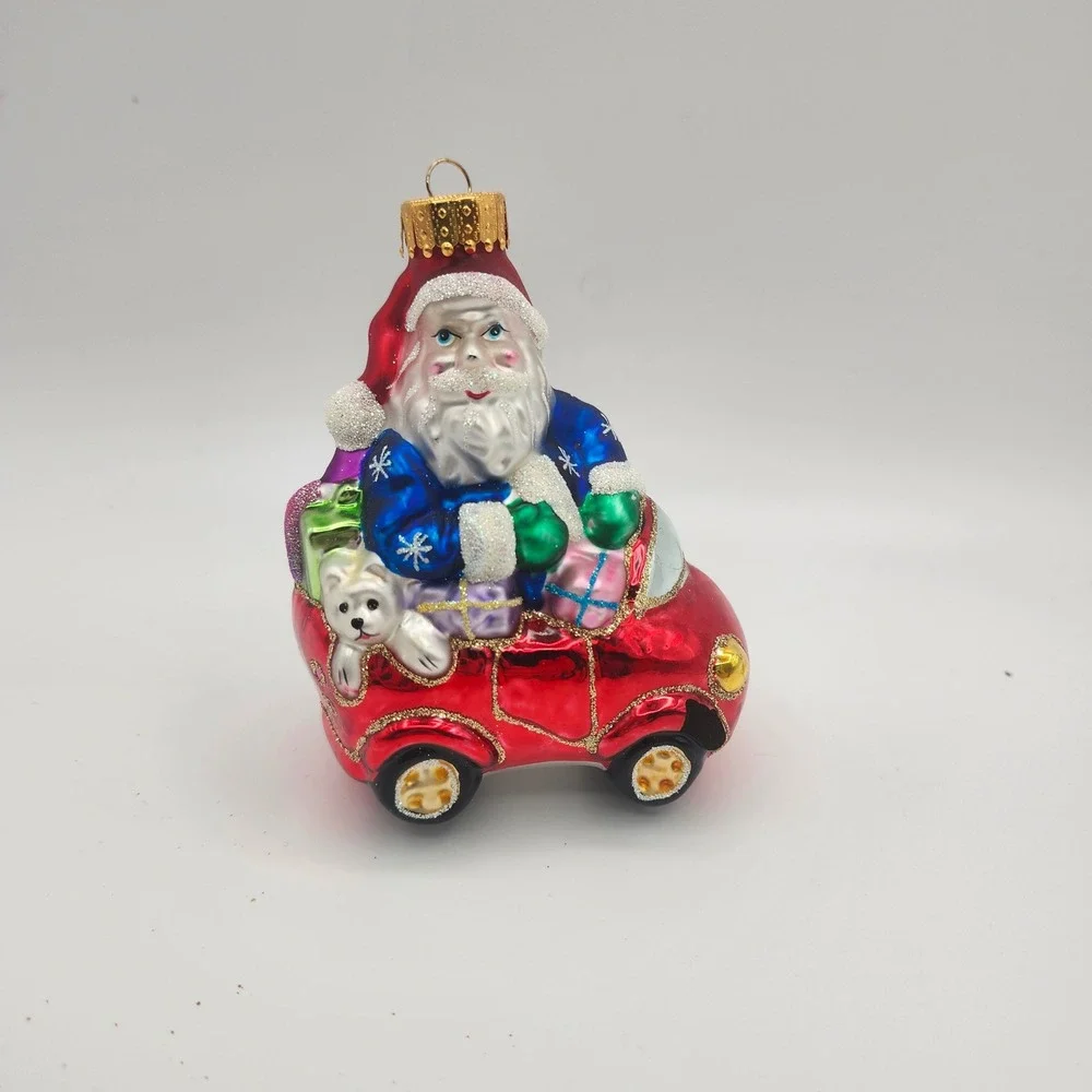 Vintage Polish Blown Glass‎ Santa in Red Car Christmas Ornament Hand Painted